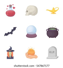 Black and white magic set icons in cartoon style. Big collection of black and white magic vector symbol stock illustration