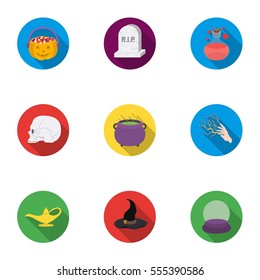 Black and white magic set icons in flat style. Big collection of black and white magic vector symbol stock illustration