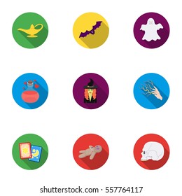 Black and white magic set icons in flat style. Big collection of black and white magic vector symbol stock illustration