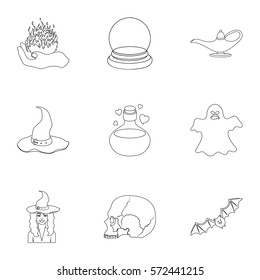 Black and white magic set icons in outline style. Big collection of black and white magic vector symbol stock illustration
