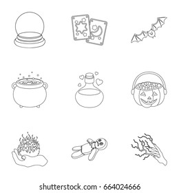 Black and white magic set icons in outline style. Big collection of black and white magic vector symbol stock illustration