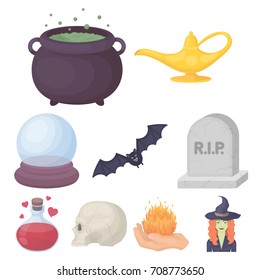 Black and white magic set icons in cartoon style. Big collection of black and white magic vector symbol stock illustration