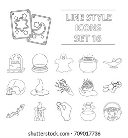 Black and white magic set icons in outline style. Big collection of and white magic vector symbol stock illustration