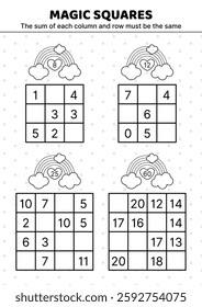 Black and white magic squares with rainbow. Math puzzle game. The sum of each column and row must be the same. Fill in the missing numbers. Educational attention game for kids. Isolated vector illustr