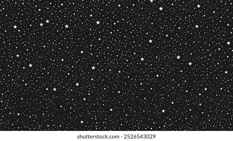 Black and white magic starry night sky filled with many twinkling stars. Whimsical space pattern. Falling snow with snowflakes. Dreamy children's fairytale Christmas atmosphere. Vector illustration