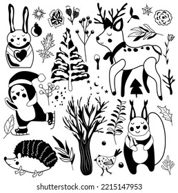 Black and white magic winter animals, cute penguin on skates, reindeer, funny squirrel, Christmas tree, hedgehog, leaves and flowers. Scandinavian animals. Perfect for greeting cards, poster, banner.