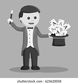 black and white magician with card coming out from his hat black and white style