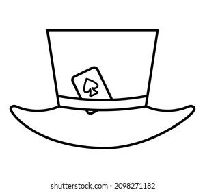 Black and white magician hat with playing card. Vector circus outline clipart. Wizard or juggler equipment line icon. Cute funny festival clothes coloring page. Street show comedian