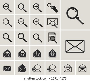 black and white magnifier, zoom, search and envelope vector web icons set