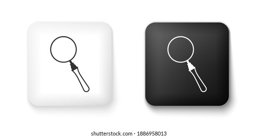Black and white Magnifying glass icon isolated on white background. Search, focus, zoom, business symbol. Square button. Vector.