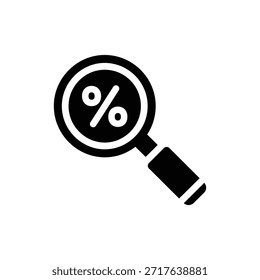Black and white magnifying glass solid icon focusing on percentage discount