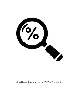 Black and white magnifying glass solid icon with percentage sign inside lens