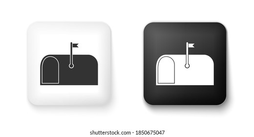 Icono del cuadro Correo blanco y negro aislado en fondo blanco. Icono de buzón. Postal de correo en el poste con la bandera. Botón cuadrado. Vector.