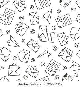 Black and white mail seamless pattern. Tiling textures with thin line web icons set
