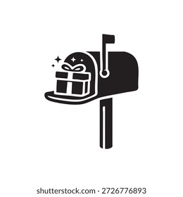 Black and white mailbox with gift box delivery holiday present icon vector illustration