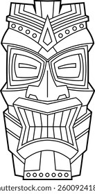 Black And White Majestic Tiki Mask with Tribal Carvings and Ornamental Details. Hawaiian Polynesian Totem Art. Vector Hand Drawn Illustration Isolated On Transparent Background