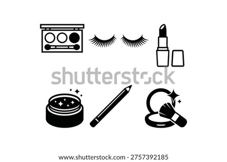 Black and White Makeup Artist Tools Icon Pack with Powder Compact Cream Jar and Makeup Pencil
