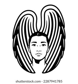 Black and white male angel with wings, retro religion isolated illustration with christian graphic design