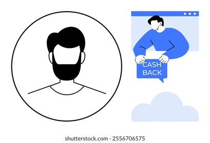 Black and white male avatar in a circle alongside a person holding a speech bubble with Cash Back. Blue cloud icon in the foreground. Ideal for user profiles, e-commerce, finance, online marketing