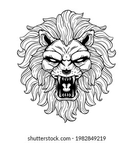 black and white male lion head with roaring mouth