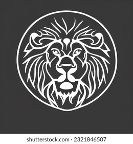 black and white male lion logo, long haired, symbol of courage and strength