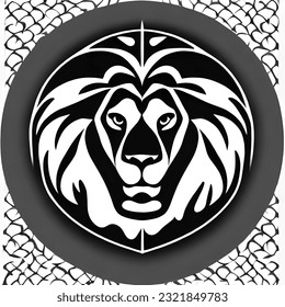 black and white male lion logo, long hair brave, symbol of courage, leadership and strength, gray background, circle shape