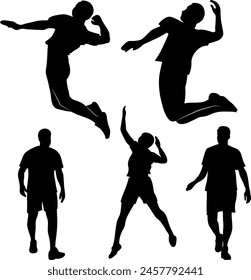 black and white male silhouettes of athletes, volleyball game, clipart