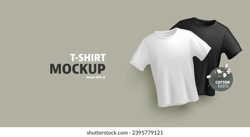 Black and white male t-shirt mockup with place for print show case, with cotton material 3d label