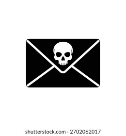 Icono malicioso blanco y negro del email con el cráneo para el concepto de la seguridad cibernética