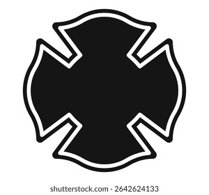 Black and white Maltese cross icon symbolizing firefighter profession. Clipart image isolated on background.