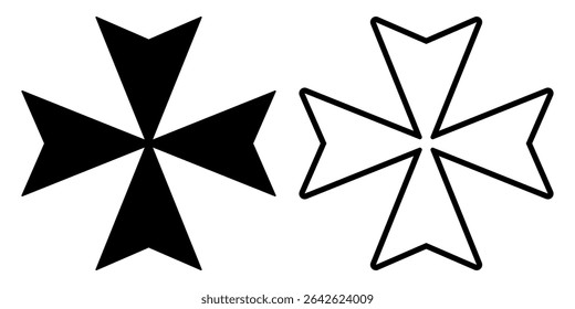 Black and white Maltese cross icons in vector format. Clipart image isolated on background.