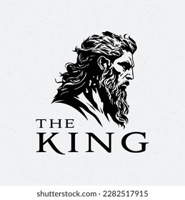 Black White Man with Beard Mustache Drawing like Zeus Neptune Poseidon Triton Face Greek God Mythology illustration logo design