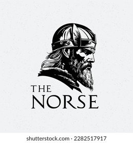 Black White Man with Beard Mustache Wearing Viking Helmet Drawing for Ancient Norse Nordic Warrior Knight Face illustration logo design