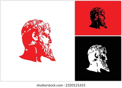 Black White Man with Beard Mustache Drawing like Zeus Neptune Poseidon Triton Face Greek God Mythology Illustration Logo Vector Design