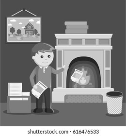 black and white man burn his unused document into fireplace black and white style