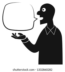 Black and white man character with speech bubble, vector illustration