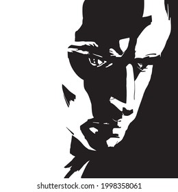 Black and white man face portrait is on square format