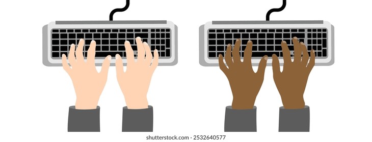 Black and White Man Hands Typing on Computer. Technology and business office work concept vector art