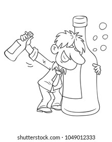 Black And White Man hugging a big bottle of alcohol, vector illustration cartoon