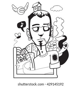 black and white man smoking with abstract background