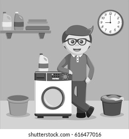 black and white man stand beside wash machine black and white style