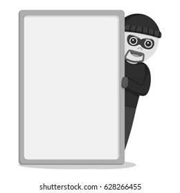 black and white man thief hiding behind empty board black and white style