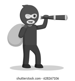 black and white man thief observing with telescope black and white style