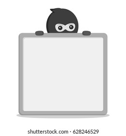 black and white man thief peek from behind empty board black and white style