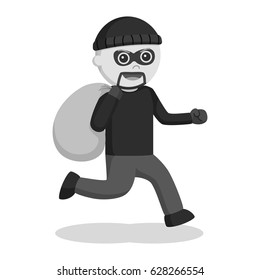 black and white man thief running with sack black and white style