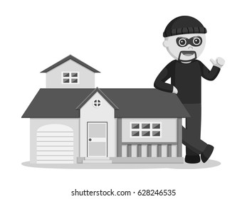 black and white man thief standing beside miniature house black and white style