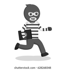 black and white man thief stealing laptop black and white style