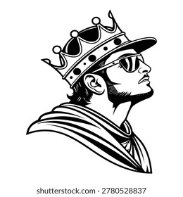 Black and white of a man wearing a crown and sunglasses king
