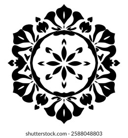 Black and White Mandala: Abstract Floral Round Pattern Design. Symmetrical Circular Ornament, Perfect for Spiritual, Cultural, or Decorative Use.