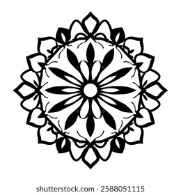 Black and White Mandala: Abstract Floral Pattern, Geometric Design, Sacred Symbol, Spiritual Art, Ethnic Ornament, Circular Shape, Symmetrical Illustration